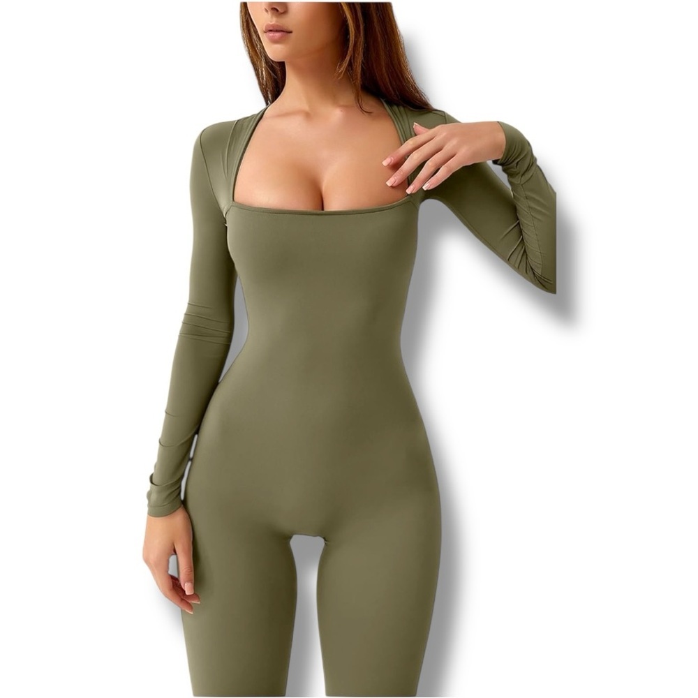 Qinsen Chic Olive Green Square Neck Flared Leg Long Sleeve Bodycon Jumpsuit - Picture 5 of 16